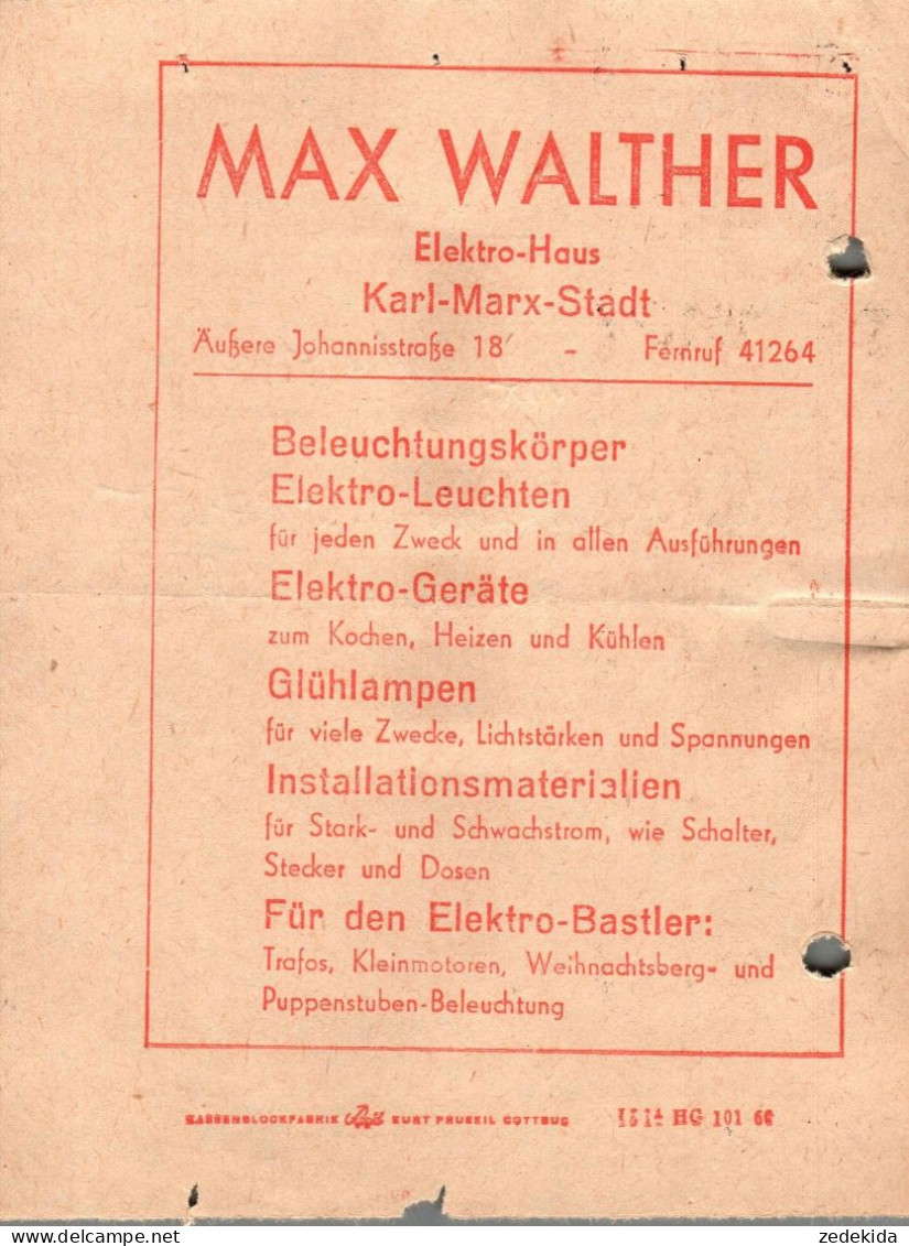 G9089 - Karl Marx Stadt Max Walter Elektrohaus Rechnung Quittung Werbung Reklame - 1950 - ...