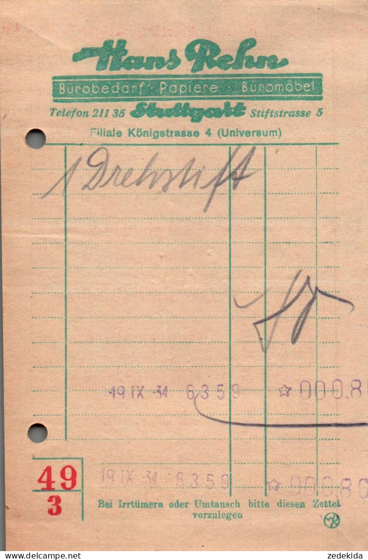 G9046 - Stuttgart Hans Rehn Bürobedarf Papier Möbel Rechnung Quittung Werbung Reklame - 1900 – 1949