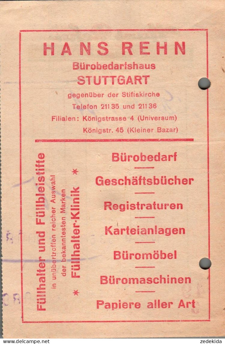 G9046 - Stuttgart Hans Rehn Bürobedarf Papier Möbel Rechnung Quittung Werbung Reklame - 1900 – 1949