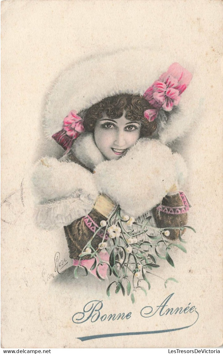 FANTAISIE - Femme - Bonne Année - Femme Avec Un Chapeau Et Gants En Fourrure - Carte Postale Ancienne - Frauen