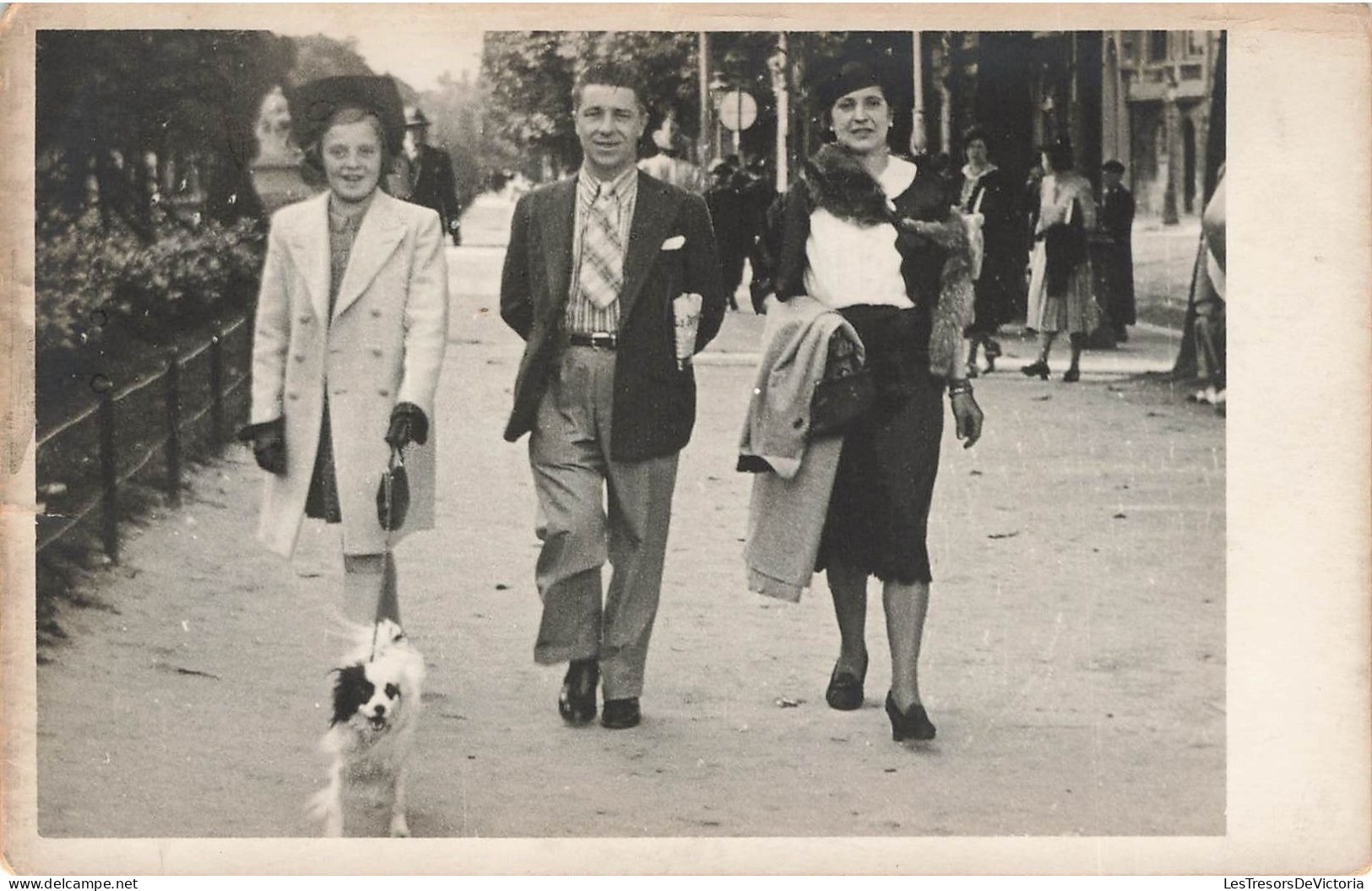 CARTE PHOTO - Un Groupe De Personnes Dans La Rue - Femme Promenant Son Chien - Carte Postale Ancienne - Photographie