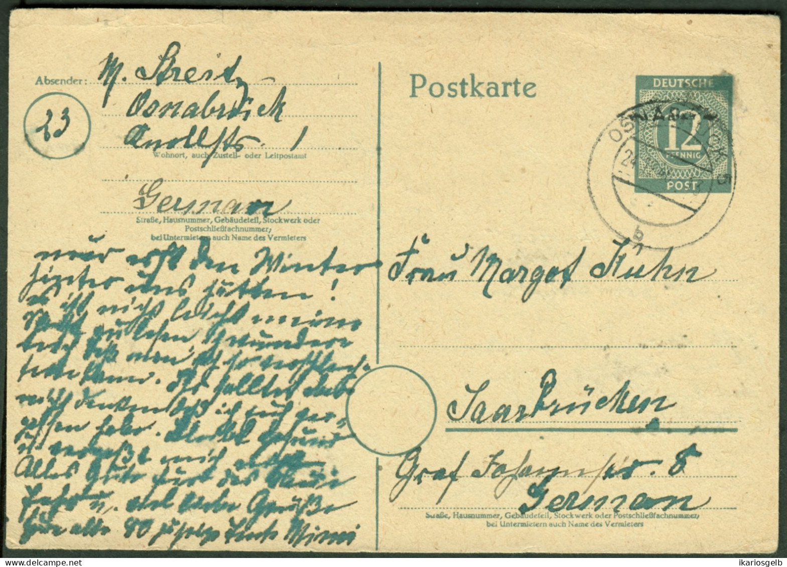 OSNABRÜCK 1946 12Pf-Kontrollrat I GANZSACHE Orts-o Heimatbeleg > Saar Saarbrücken 1946 Inlandtarif ! - Postal  Stationery