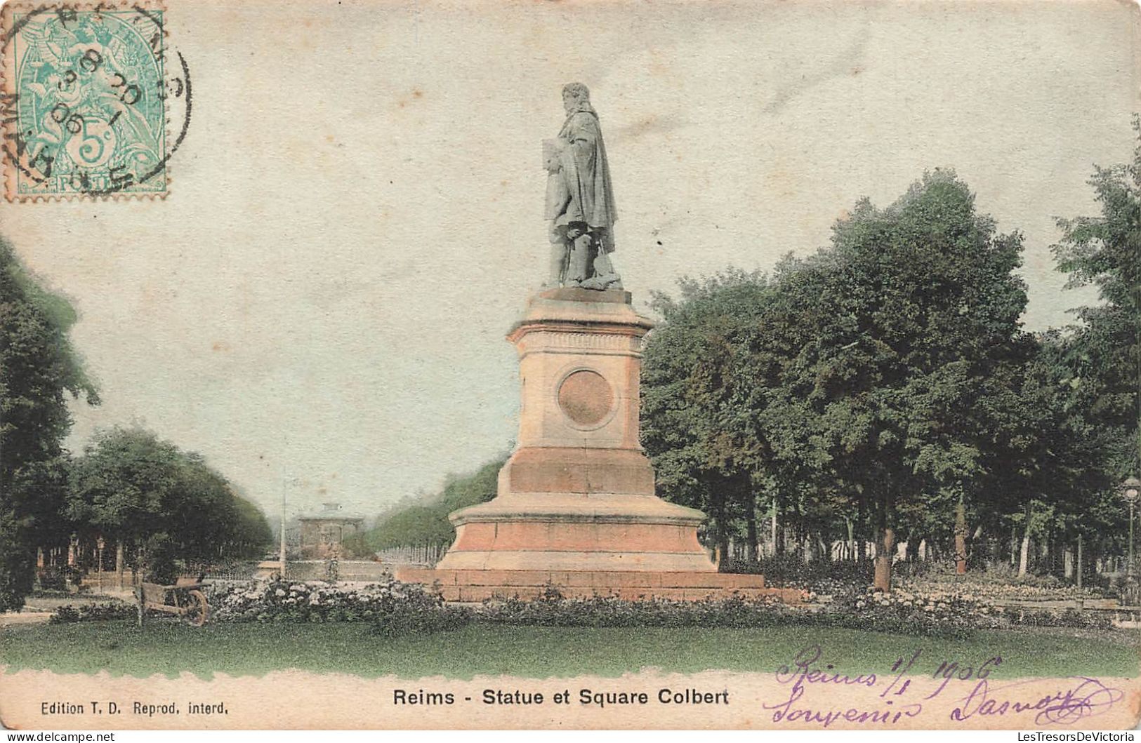 FRANCE - Reims - Vue Générale De La Statue Et Square Colbert - Colorisé - Carte Postale Ancienne - Reims