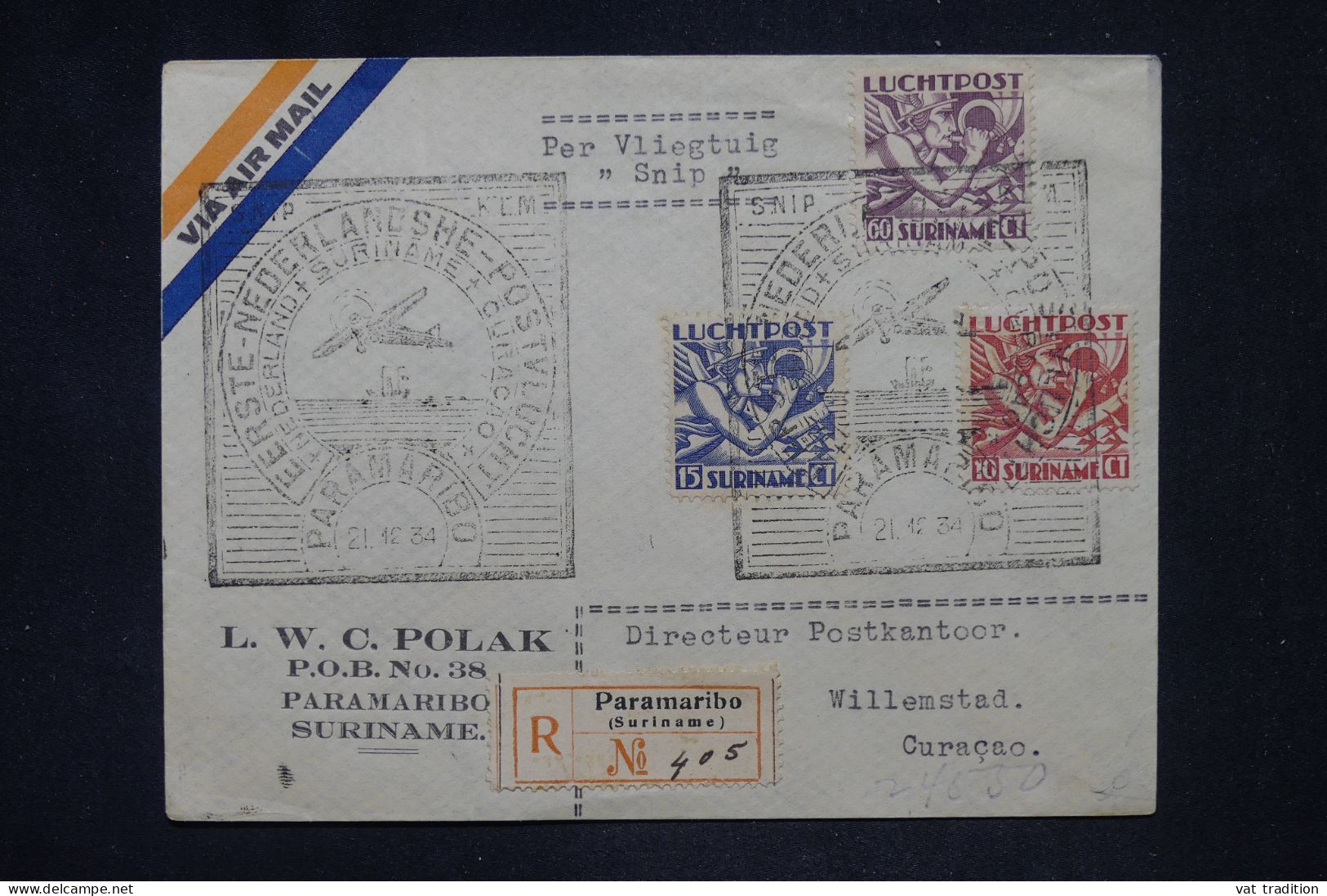 SURINAM - Enveloppe En Recommandé De Paramaribo Pour Curaçao Par Avion En 1934 - L 149082 - Suriname ... - 1975