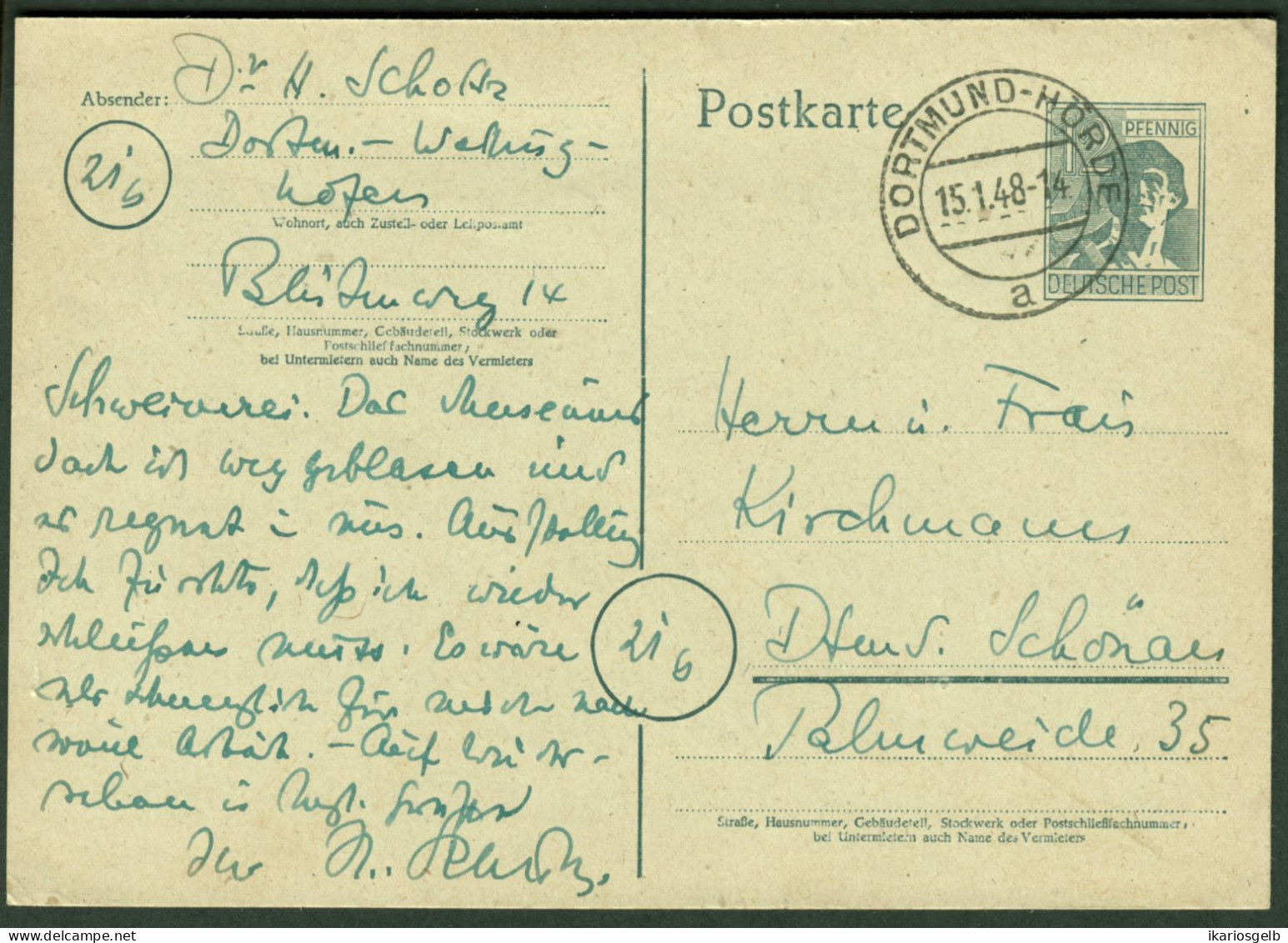 HÖRDE Bei Dortmund 1948 12Pf- GANZSACHE Kontrollrat II Orts-o Dortmund Heimatbeleg Bedarf > Schönau B Dortmund - Postal  Stationery