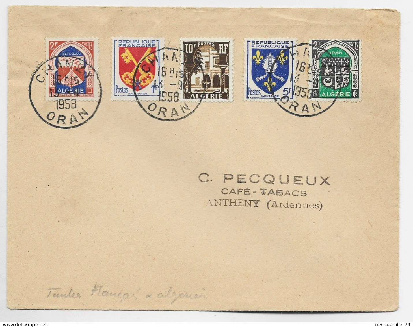 FRANCE BLASON 1FR+5FR MIXTE BLASON ALGERIE 2FX2+10FR LETTRE CHANZY 13.9.1958 ORAN - 1941-66 Armoiries Et Blasons