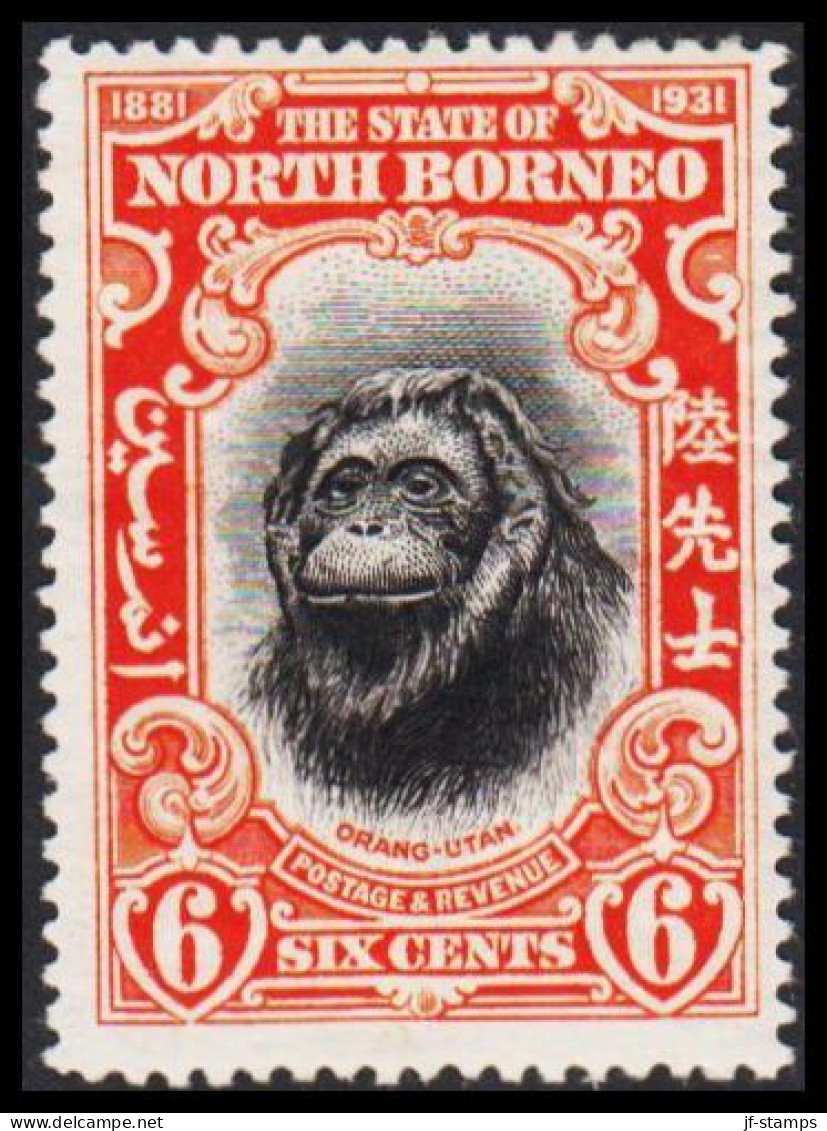 1931. NORTH BORNEO. 1881-1931 JUBILEE. 6 CENTS ORANG-UTAN Hinged. (MICHEL 217) - JF540010 - Noord Borneo (...-1963)