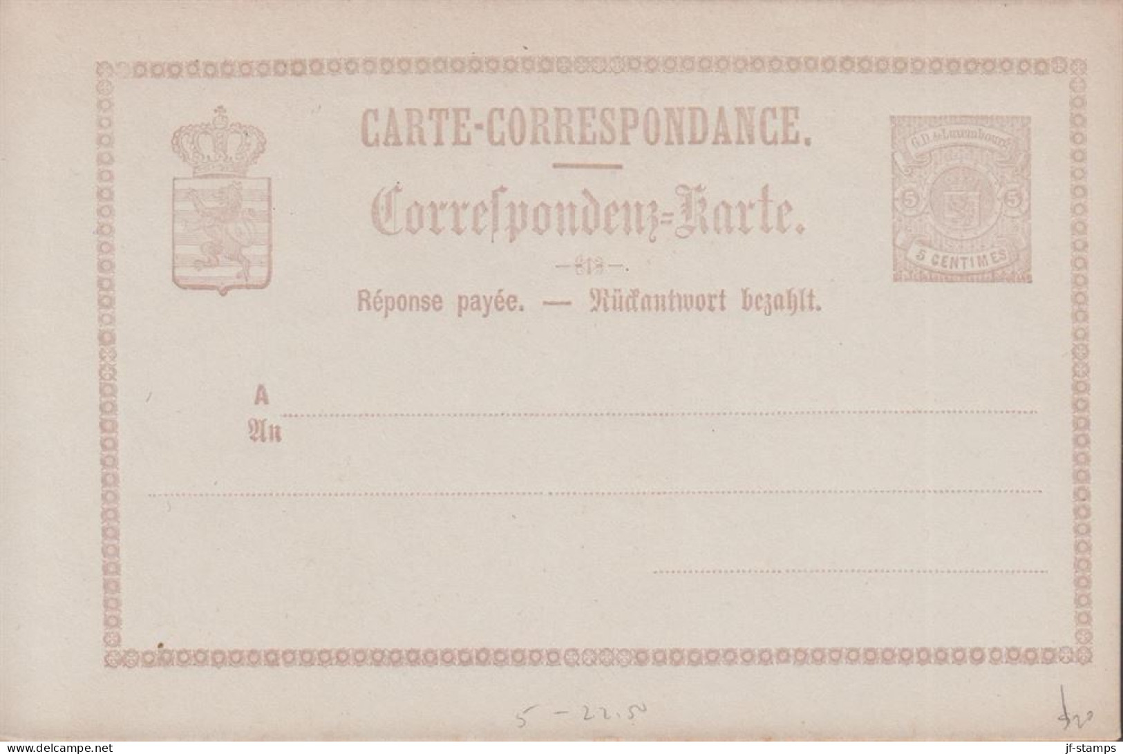 1874. LUXEMBOURG. CARTE-CORRESPONDANCE. 5 CENTIMES Double Card With Response Payee.  - JF445173 - Entiers Postaux