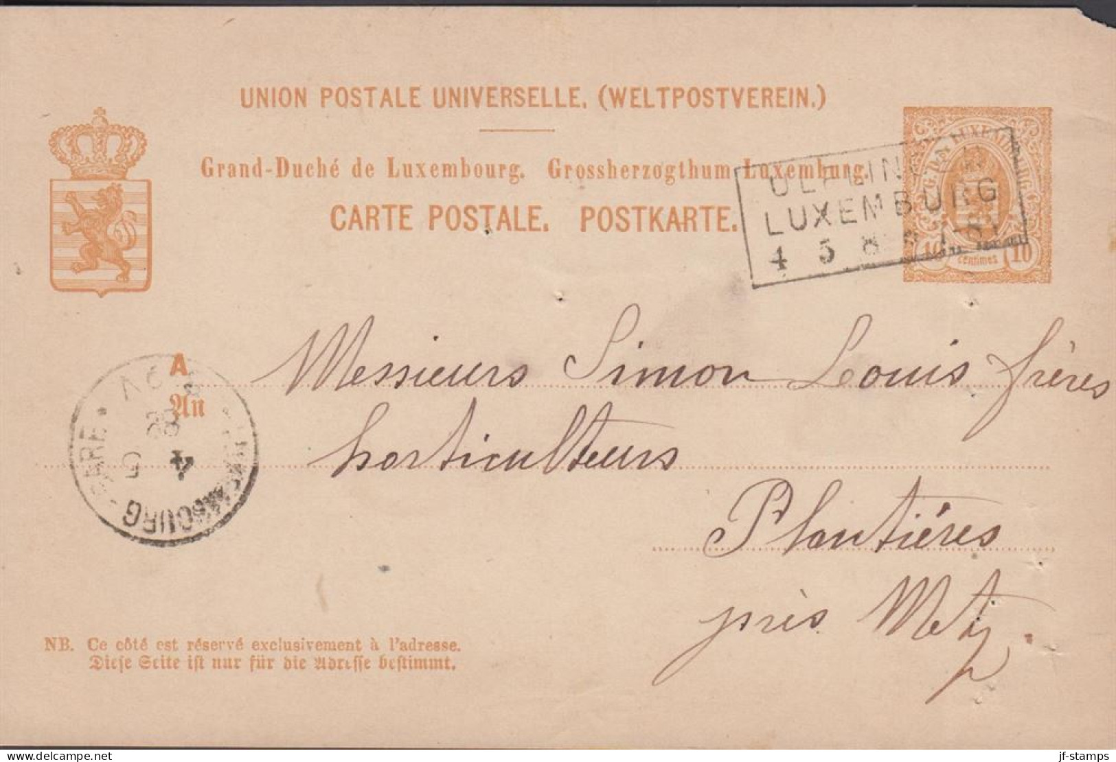 1888. LUXEMBOURG. 10 CENTIMES CARTE POSTALE Cancelled With Box-cancel ULFLINGEN LUXEMBURG 4 5 88. Nedle Ho... - JF445176 - Entiers Postaux