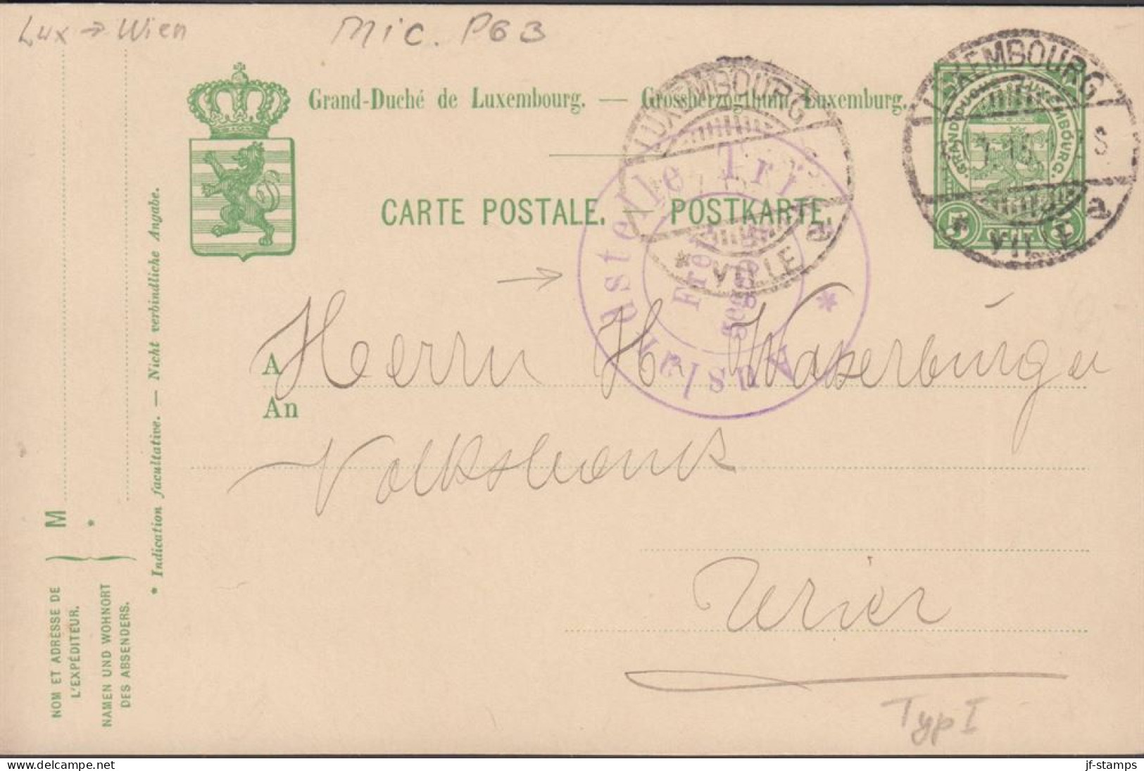 1915. LUXEMBOURG. 5 CENTIMES CARTE POSTALE To Wien Cancelled LUXEMBURG VILLE 30.7.15 + Censor Cancel Ausla... - JF445180 - Postwaardestukken