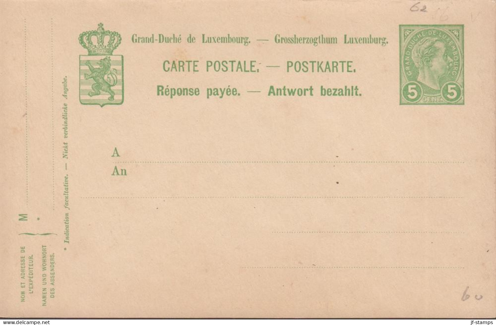 1895. LUXEMBOURG. CARTE POSTALE. 5 Centimes Double Card Grossherzog Adolf With Response Payee. - JF445181 - Stamped Stationery