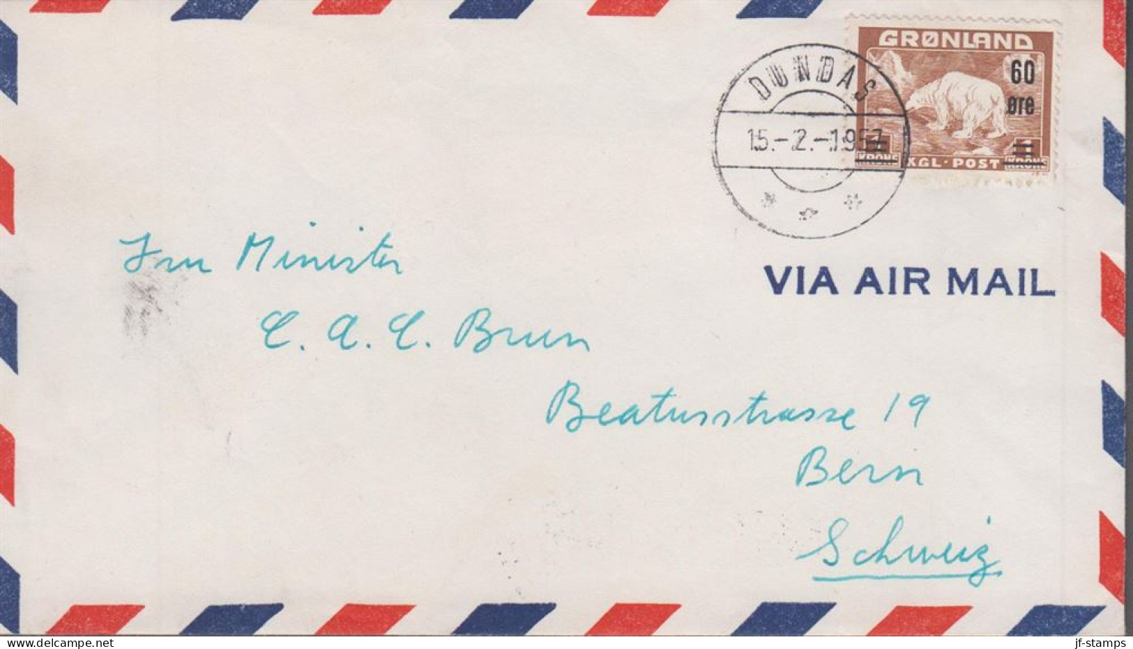 1956. GRØNLAND. Surcharge. 60 Øre/1 Kr. Single On Cover To Fru Minister Brun In Bern, Schweiz ... (Michel 38) - JF540049 - Storia Postale