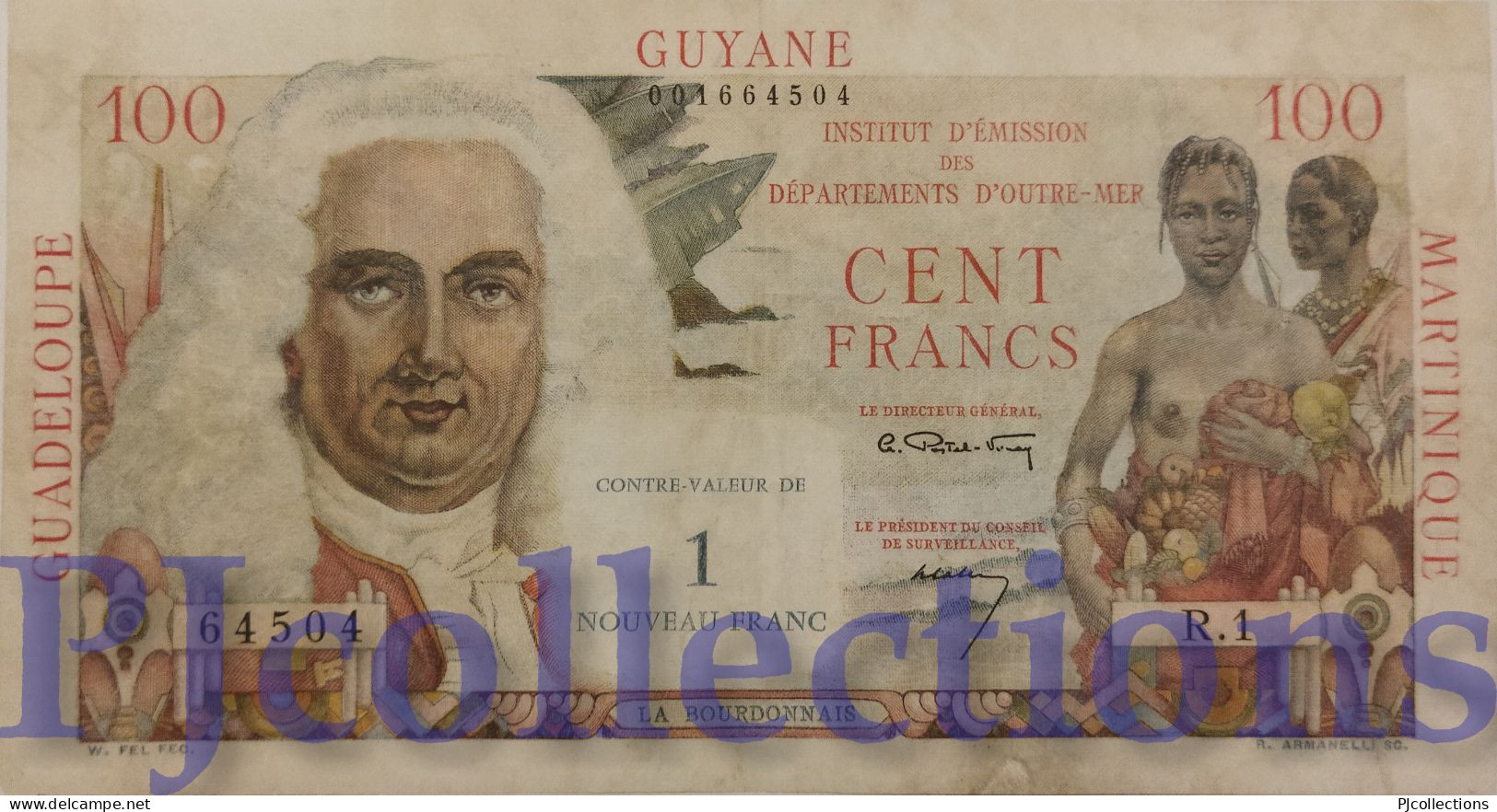 FRENCH ANTILLES 1 NOUVEAU FRANC ON 100 FRANCS 1961 PICK 1 VF W/PIN HOLES - French Guiana