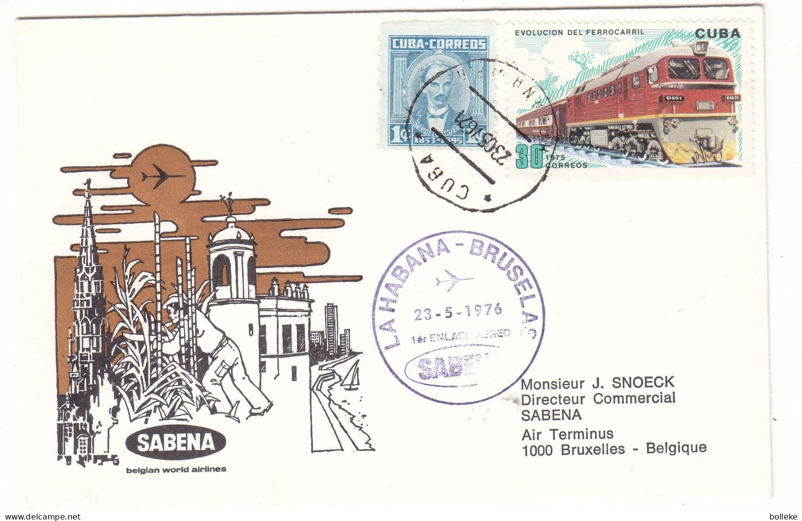 Cuba - Lettre De 1976 - Oblit Lahabanna Cuba - 1 Er Vol SABENA Lahabana Bruxelles - Trains - - Lettres & Documents