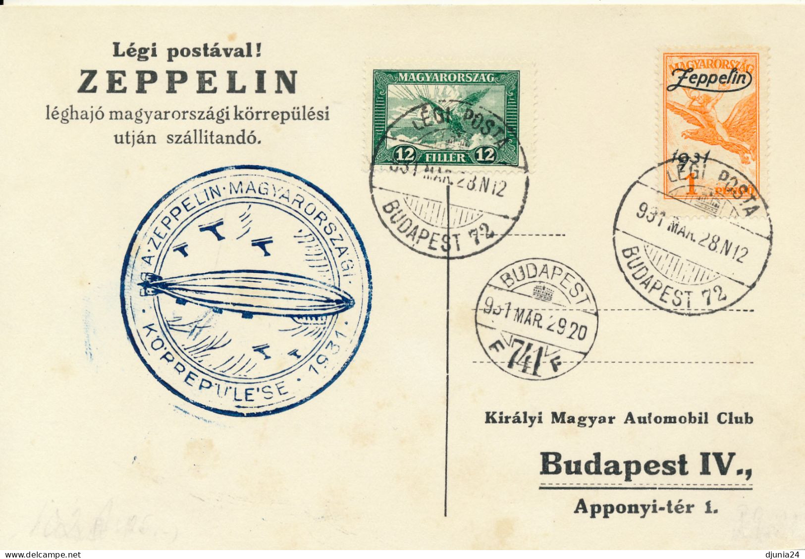 BF0126 / BUDAPEST - 28.MAR.1931 , ZEPPELIN LZ 130 , Ungarnfahrt  -  Michel 430 , 478 - Briefe U. Dokumente