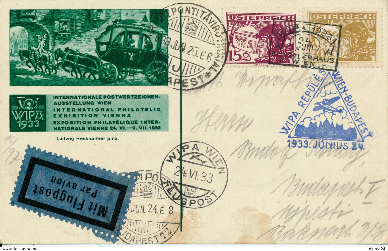 BF0128 / AUSTRIA - WIPA WIEN FLUGPOST - 24 JUNI 1933 , Flieger - WIEN - BUDAPEST  -  Michel 473 , 476 - Lettres & Documents