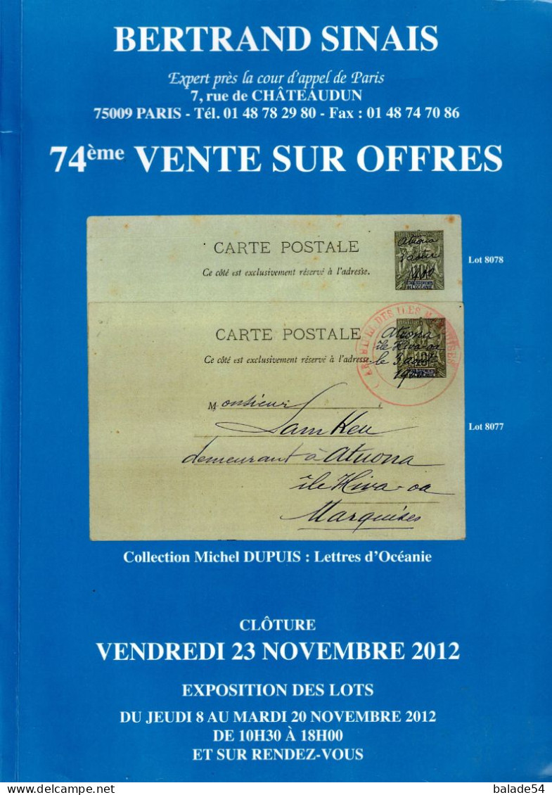 MARCOPHILIE POSTAL Bertrand SINAIS 74e  VENTE SUR OFFRES Clôture Vendredi 23 Novembre 2012 - Auktionskataloge