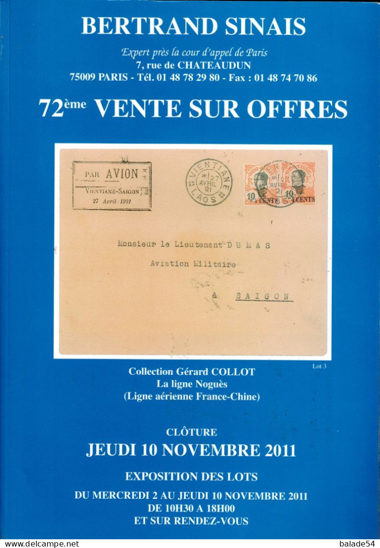 MARCOPHILIE POSTAL Bertrand SINAIS 72e  VENTE SUR OFFRES Clôture Jeudi 10 Novembre 2011 - Cataloghi Di Case D'aste