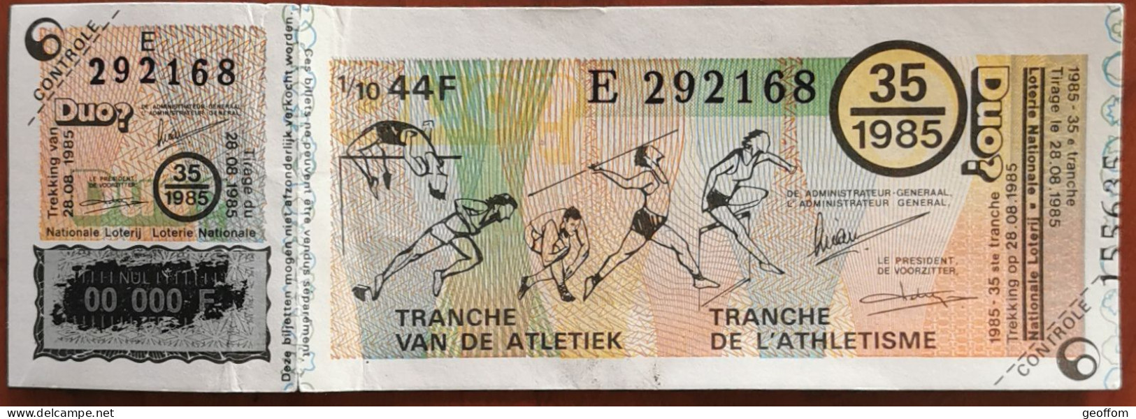 Billet De Loterie Nationale Belgique 1985 35e Tranche De L'Athlétisme - 28-8-1985 - Billetes De Lotería