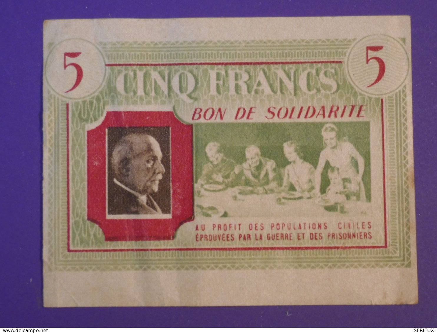 BJ0 FRANCE  BILLET SOLIDARITé  ENV.  1944 PETAIN +5 FRANCS  ++ - Ohne Zuordnung