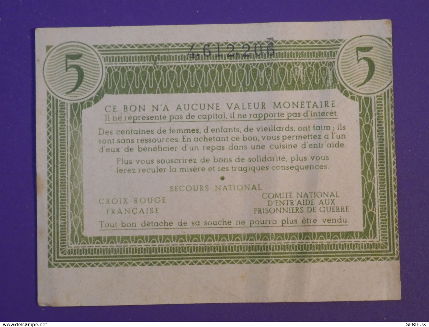 BJ0 FRANCE  BILLET SOLIDARITé  ENV.  1944 PETAIN +5 FRANCS  ++ - Unclassified