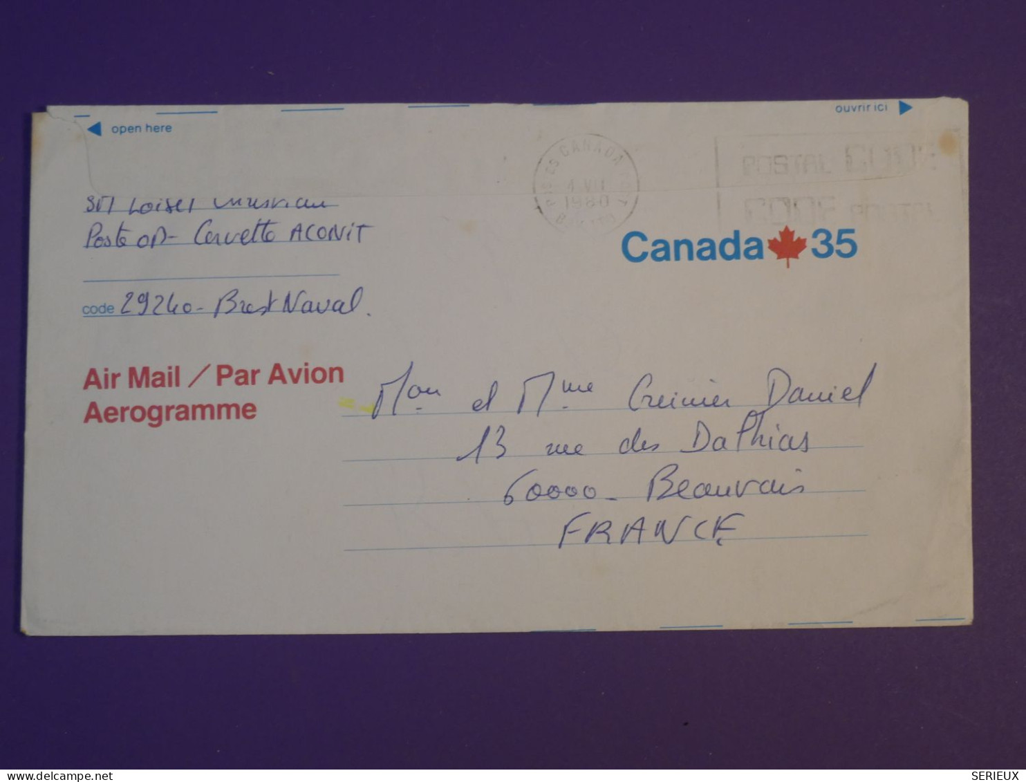 BU0 CANADA  BELLE LETTRE AEROGRAMME  1975 A BEAUVAIS  +AFF. INTERESSANT+++ - Brieven En Documenten