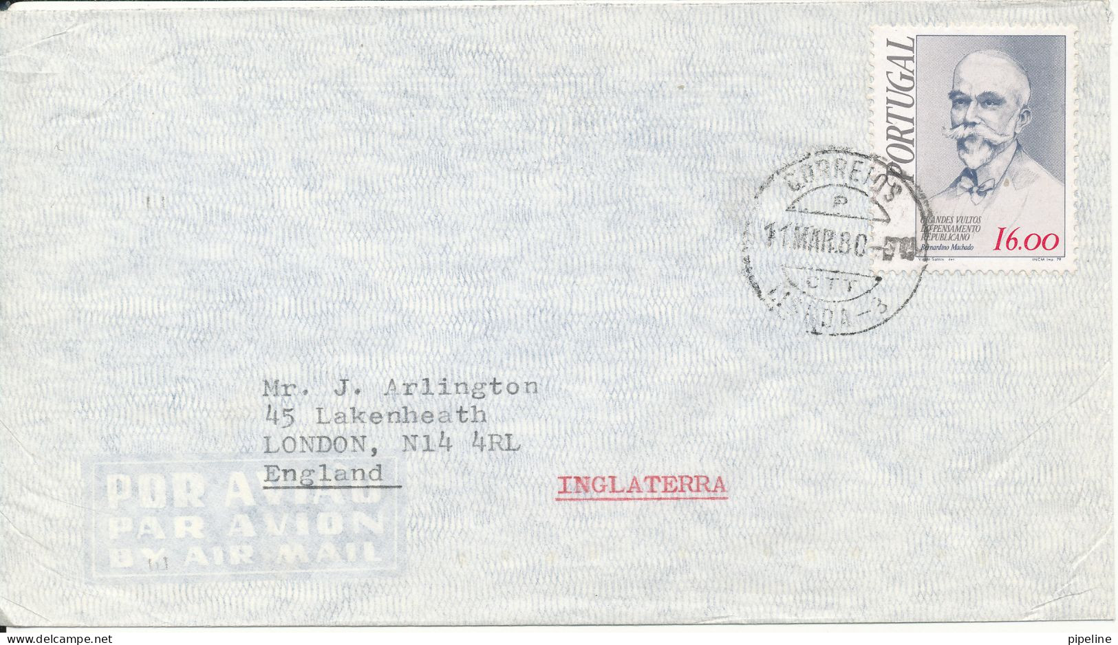Portugal Air Mail Cover Sent To Denmark 11-3-1980 Single Franked - Storia Postale