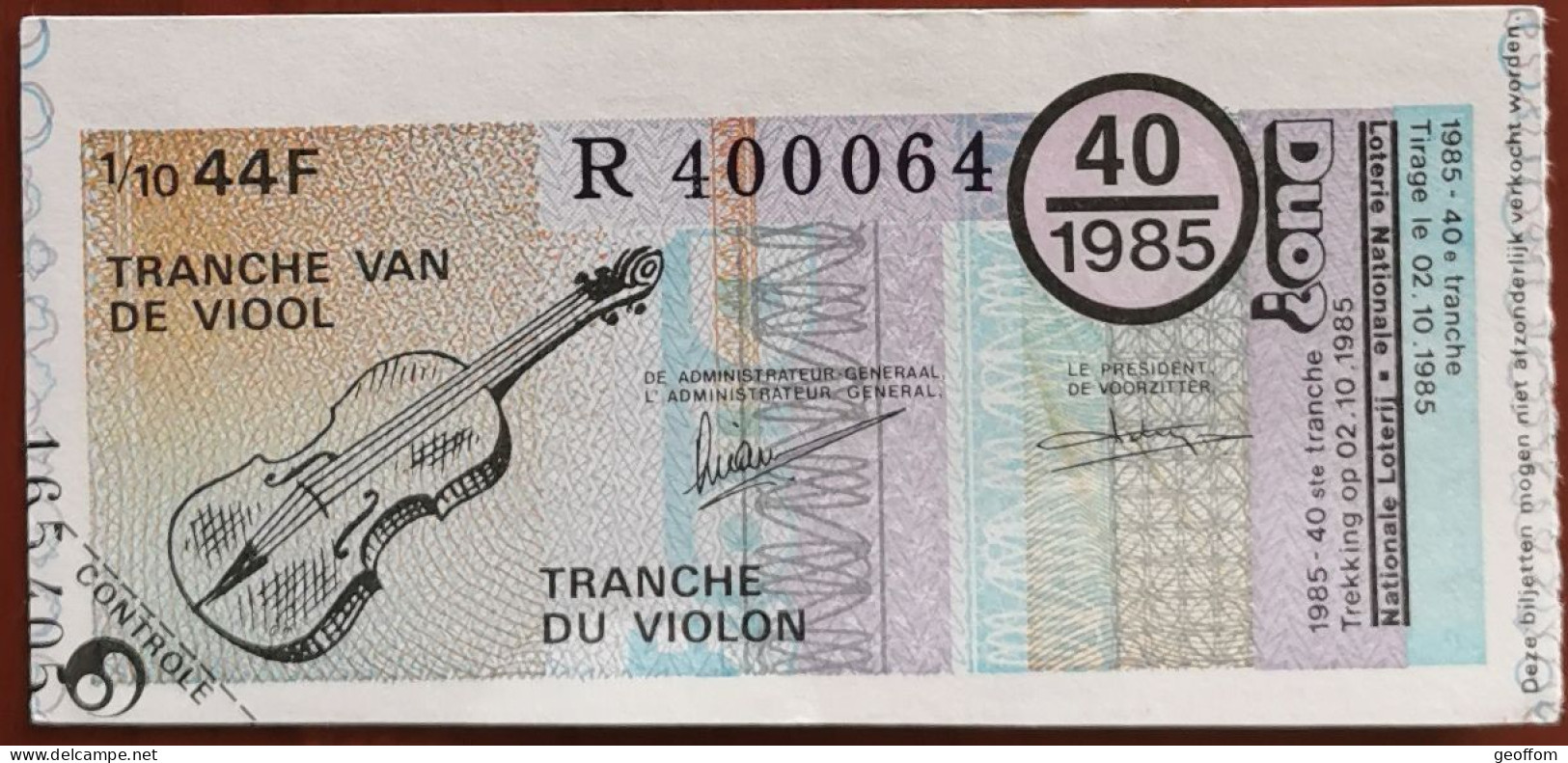 Billet De Loterie Nationale Belgique 1985 40e Tranche Du Violon - 2-10-1985 - Biglietti Della Lotteria