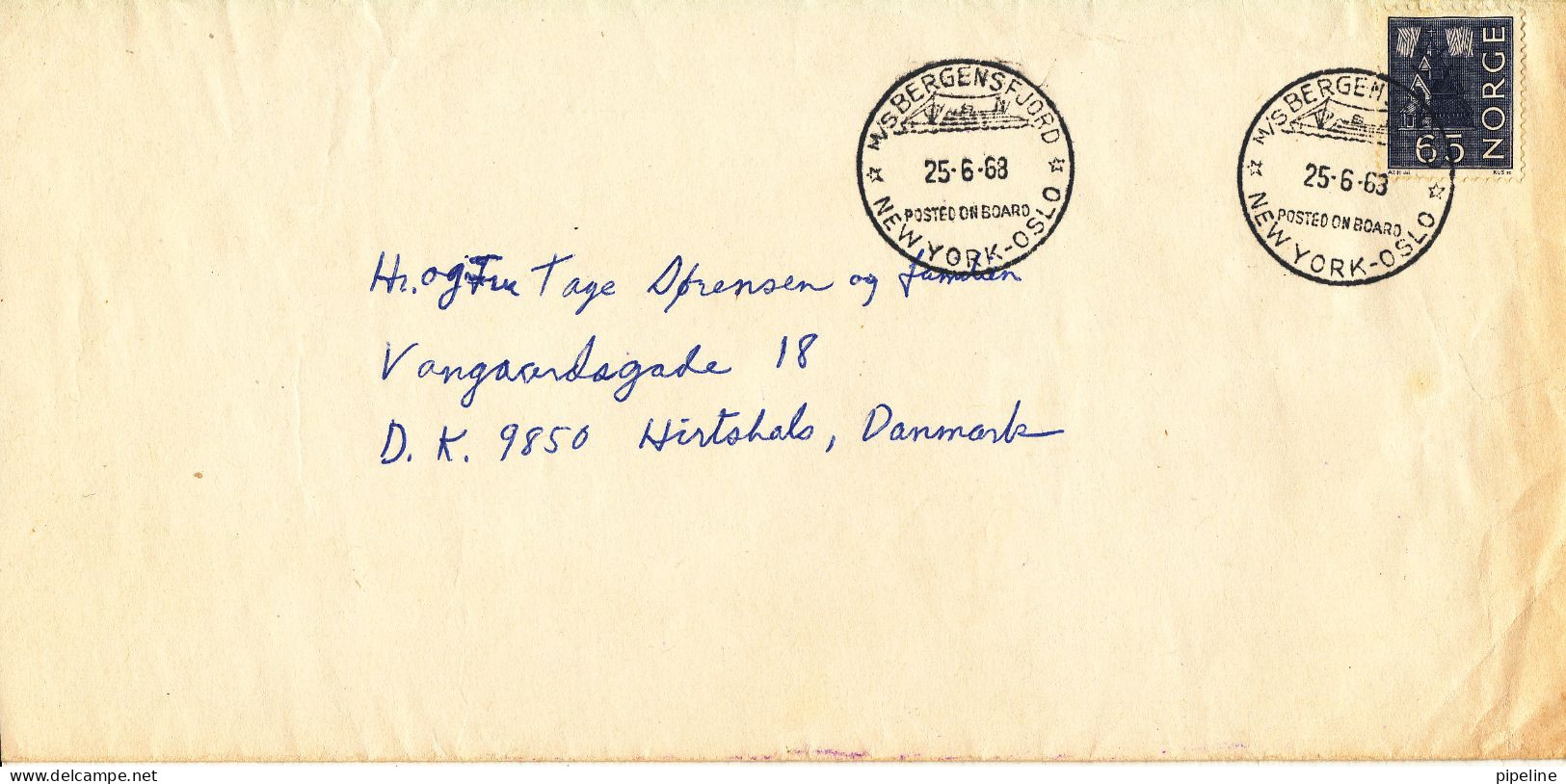 Norway Ship Cover M/S Bergensfjord New York - Oslo Posted On Board And Sent To Denmark The Cover Is Cut In The Left Side - Lettres & Documents