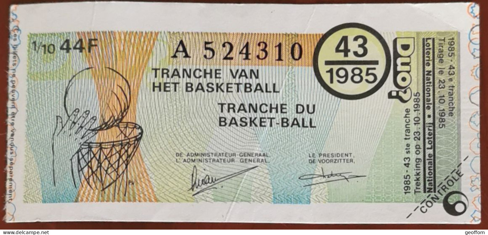 Billet De Loterie Nationale Belgique 1985 43e Tranche Du Basket-Ball - 23-10-1985 - Billetes De Lotería