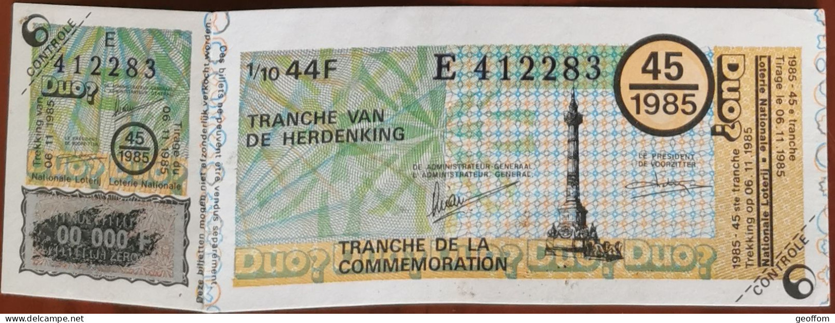 Billet De Loterie Nationale Belgique 1985 45e Tranche De La Commémoration - 6-11-1985 - Billetes De Lotería