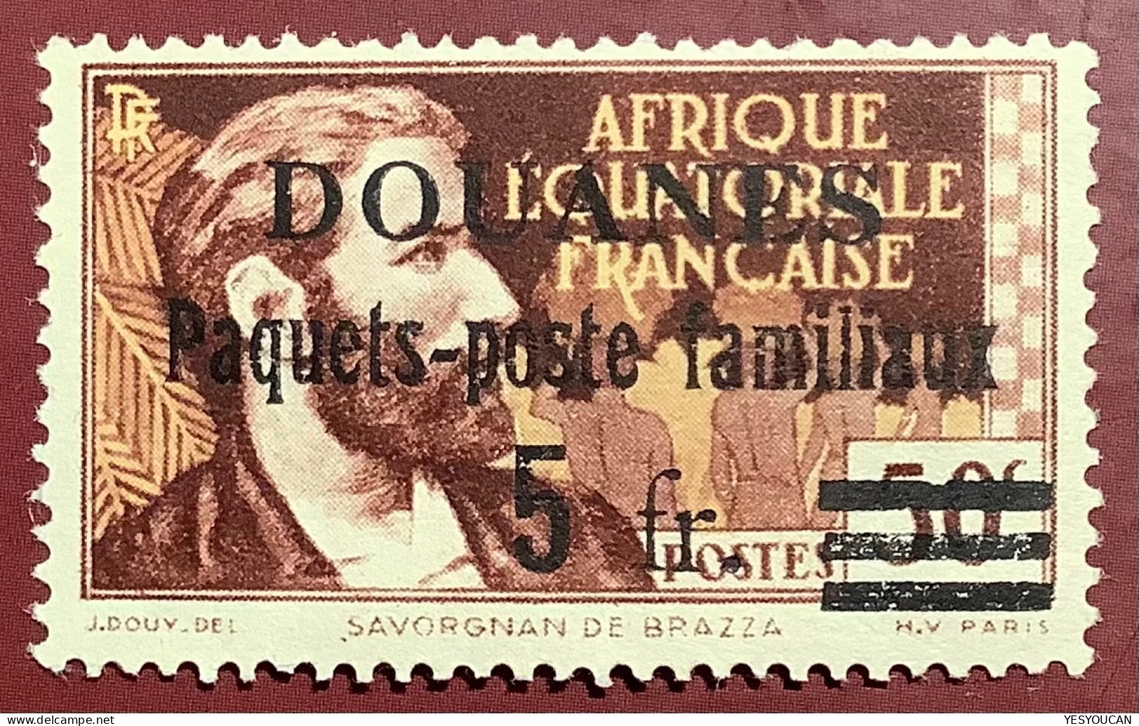 AEF 1937 50c Brazza DOUANES PAQUETS-POSTE FAMILIAUX 5FR Timbre Fiscal France Libre? Guerre 1939-1945 (revenue Stamp WW2 - Ungebraucht
