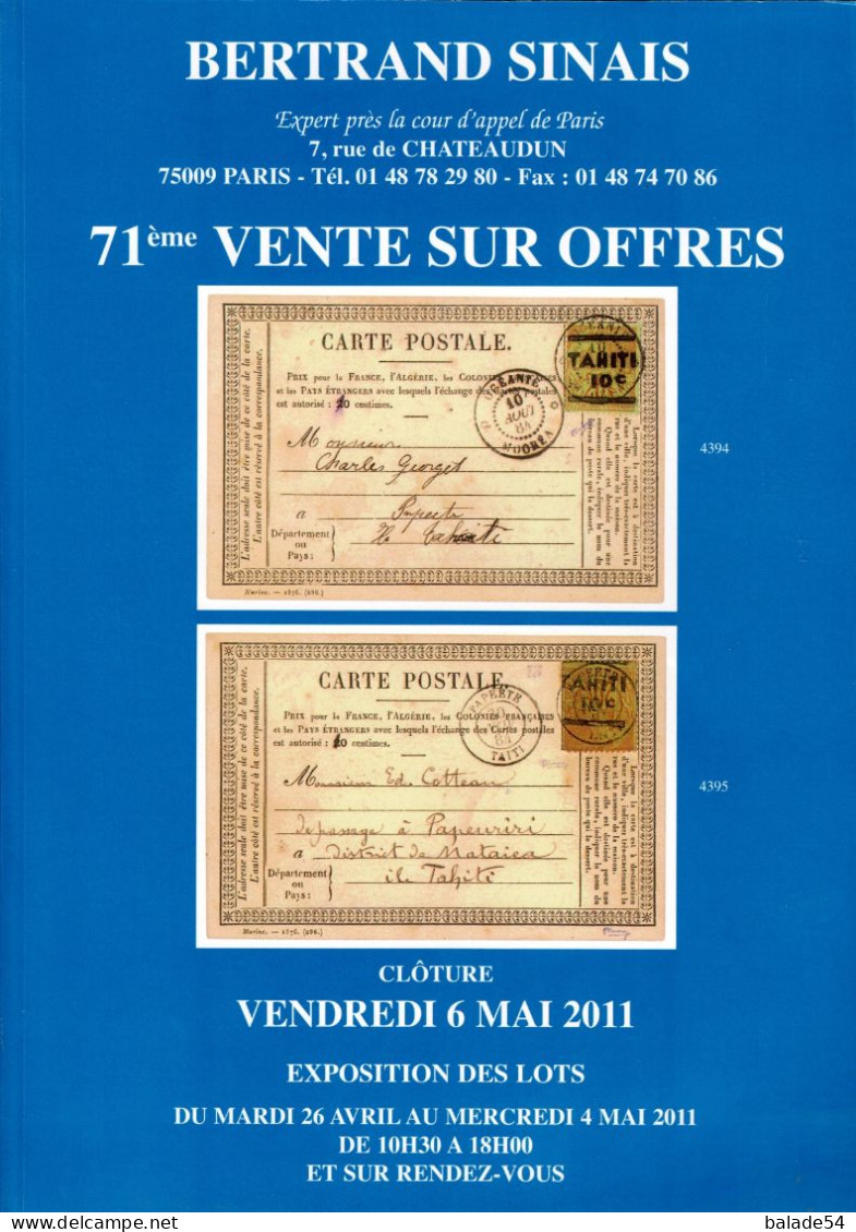MARCOPHILIE POSTAL Bertrand SINAIS 71e  VENTE SUR OFFRES Clôture Vendredi 6 Mai 2011 - Auktionskataloge
