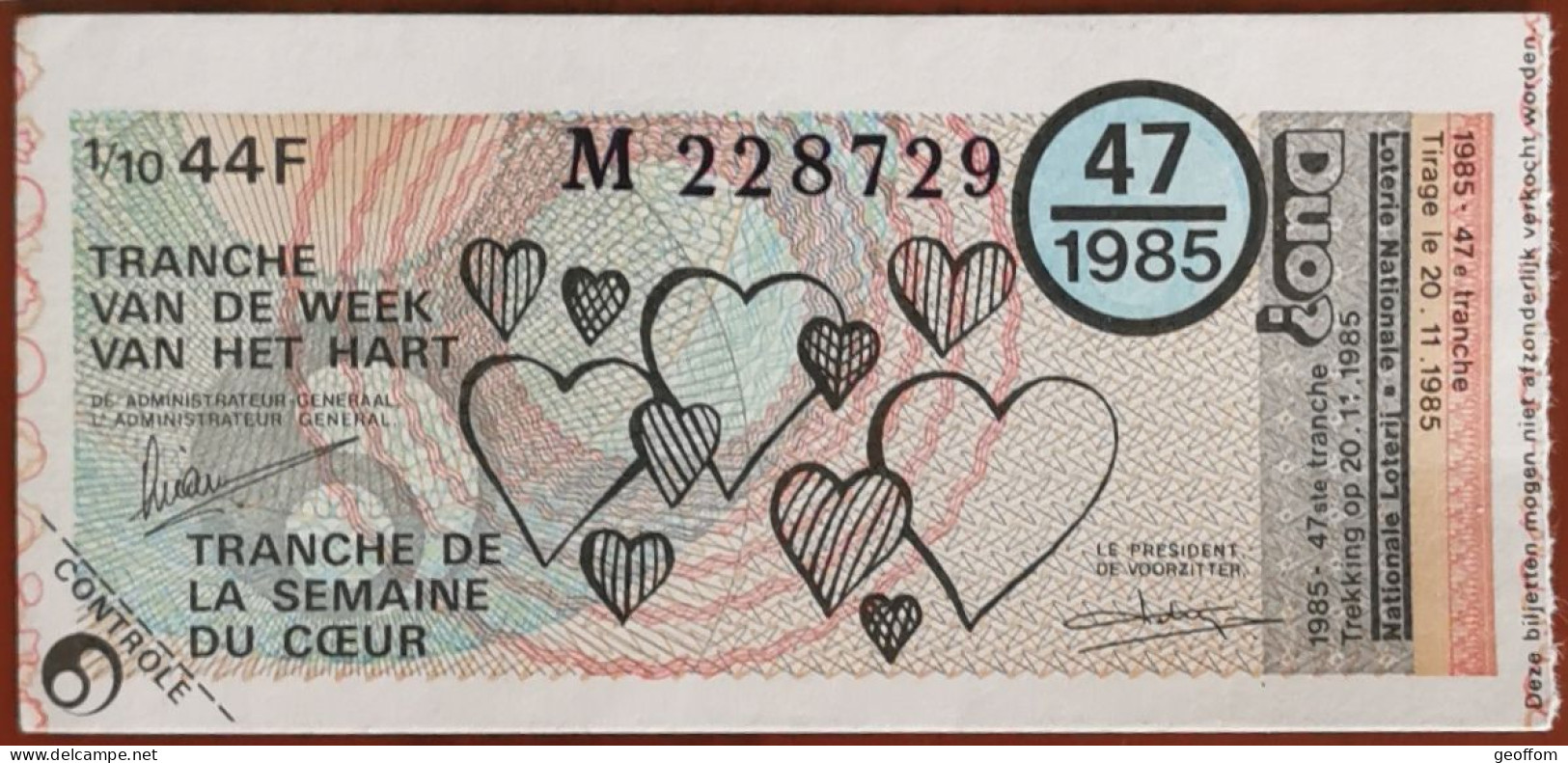 Billet De Loterie Nationale Belgique 1985 47e Tranche De La Semaine Du Cœur - 20-11-1985 - Biglietti Della Lotteria