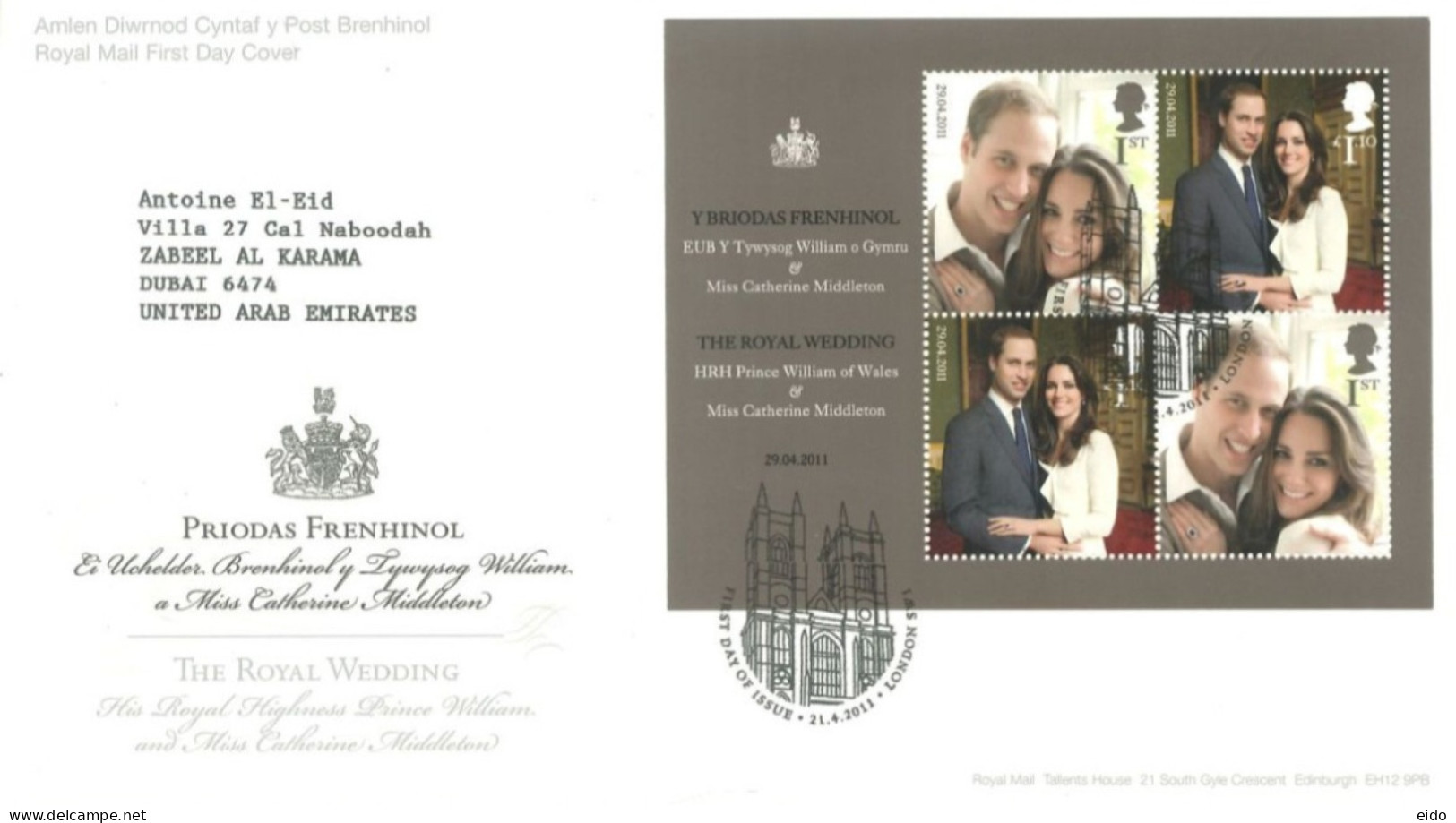 GREAT BRITAIN  - 2011, FIRST DAY COVER STAMPS SHEET OF ROYAL WEDDING OF HRH PRINCE WILLIAM OF WALES. - Lettres & Documents