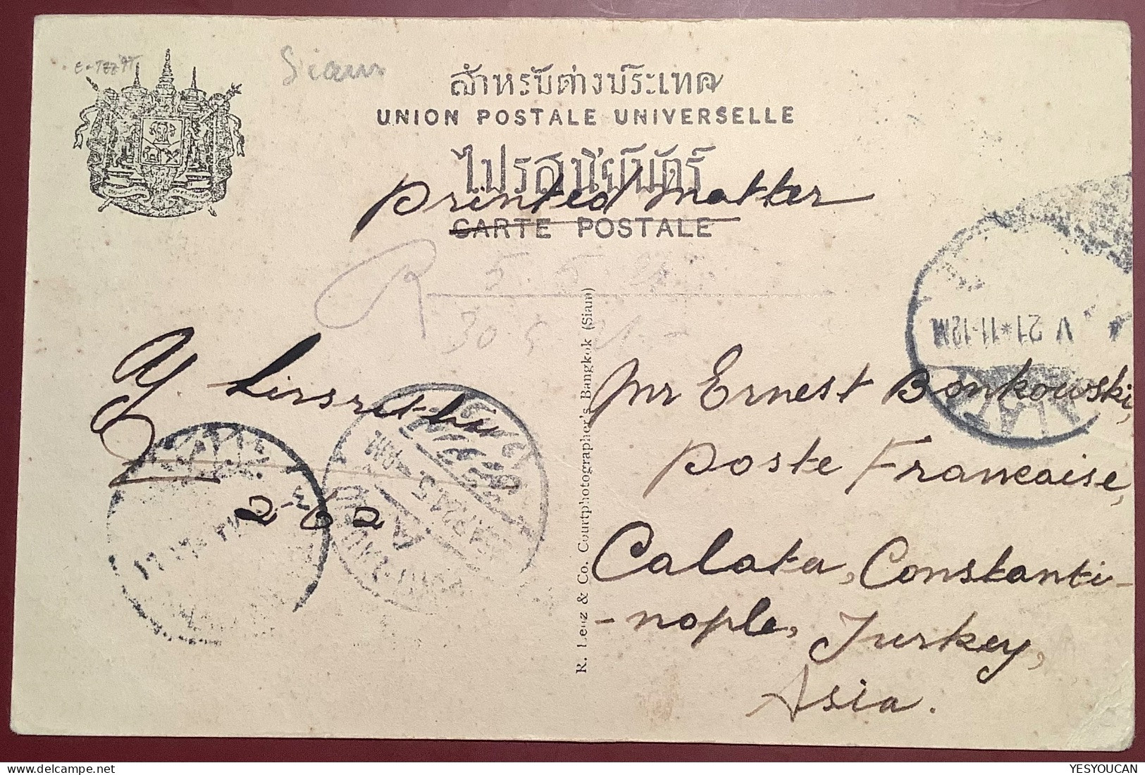 SIAM LOBBURI 1921 From Thai Army ! Ppc>CONSTANTINOPLE TURKEY ! Rare Destination (cpa Thailande Thailand Cover Military - Siam