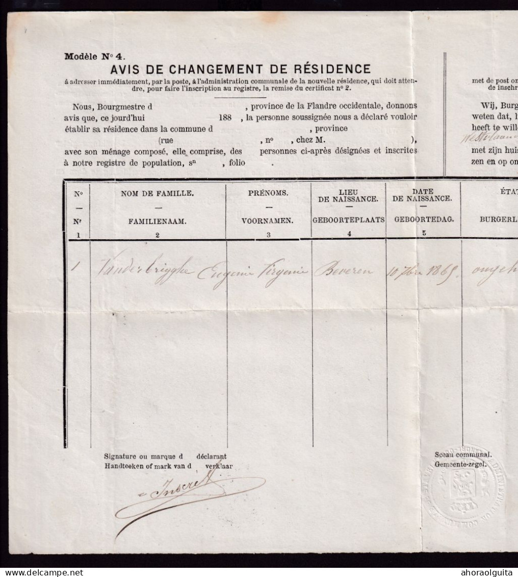 DDFF 507 - Boite Rurale Z De STAVELE Via ROUSBRUGGE 1883 S/Document Cachet Admin. Communale STAVELE - Poste Rurale