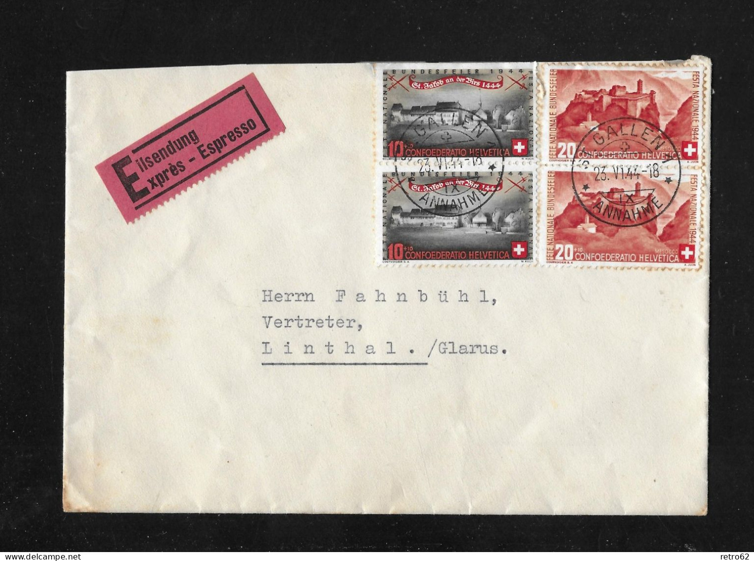 1944 STADT- UND LANDSCHAFTSBILDER ► Eilsendung Von St.Gallen Nach Linthal Glarus     ►SBK-2xB23 / 2xB24◄ - Cartas & Documentos