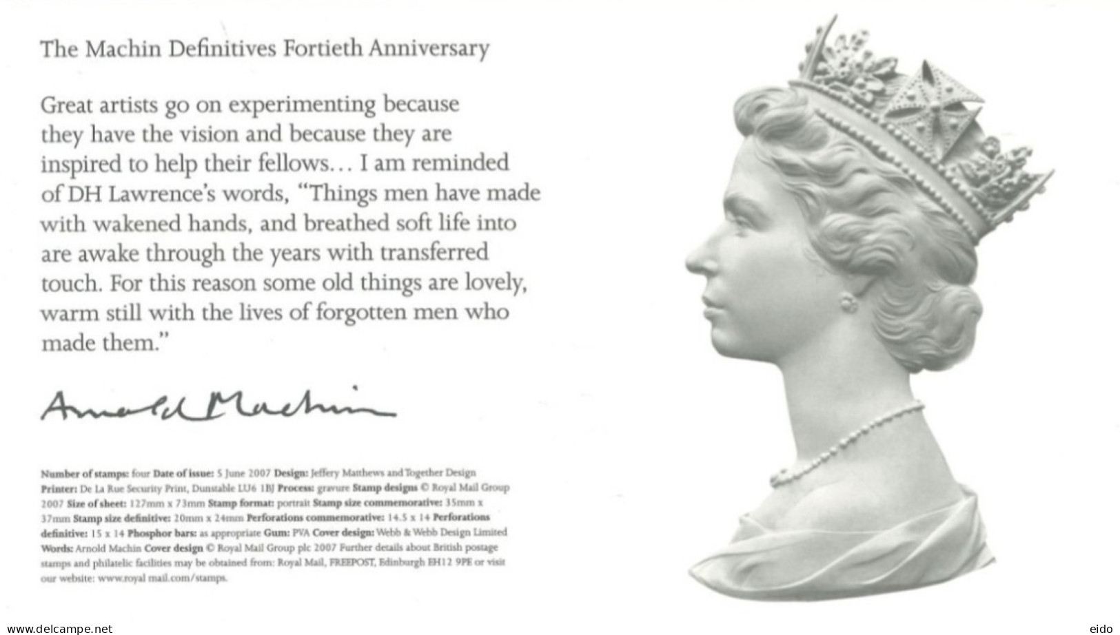 GREAT BRITAIN  - 2007, FDC OF THE MACHIN DEFINITIVES FORTIETH ANNIVERSARY STAMPS SHEET INCLUDING PRESENTATION CARD - Brieven En Documenten