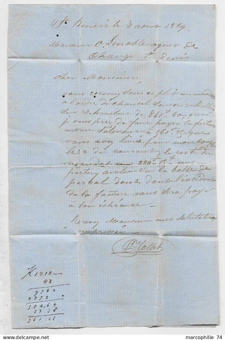 COLONIES AIGLE 20C BLEU LETTRE COVER LOSANGE POINTS CACHET BLEU REUNION 9 AOUT 1869 + PD BLEU POUR ST DENIS - Lettres & Documents