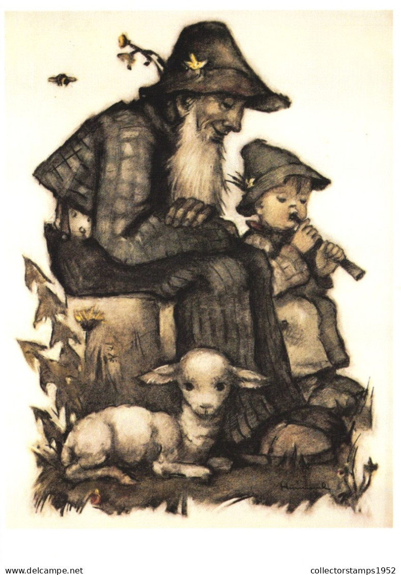 ILLUSTRATION, HUMMEL, NR. 62.1313, THE WORK IS DONE, LAMB, CHILD WITH GRANDPA, SIGNED, POSTCARD - Hummel