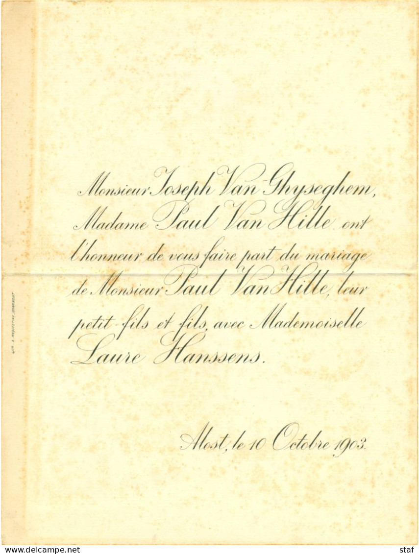 2 Huwelijksaankondigingen Paul Van Hille En Laure Hanssens  10 Oktober 1903 Alost En Grammont - Hochzeit