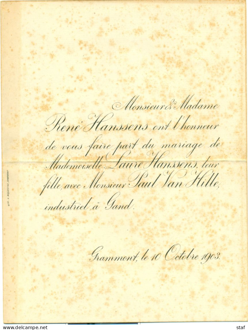 2 Huwelijksaankondigingen Paul Van Hille En Laure Hanssens  10 Oktober 1903 Alost En Grammont - Mariage