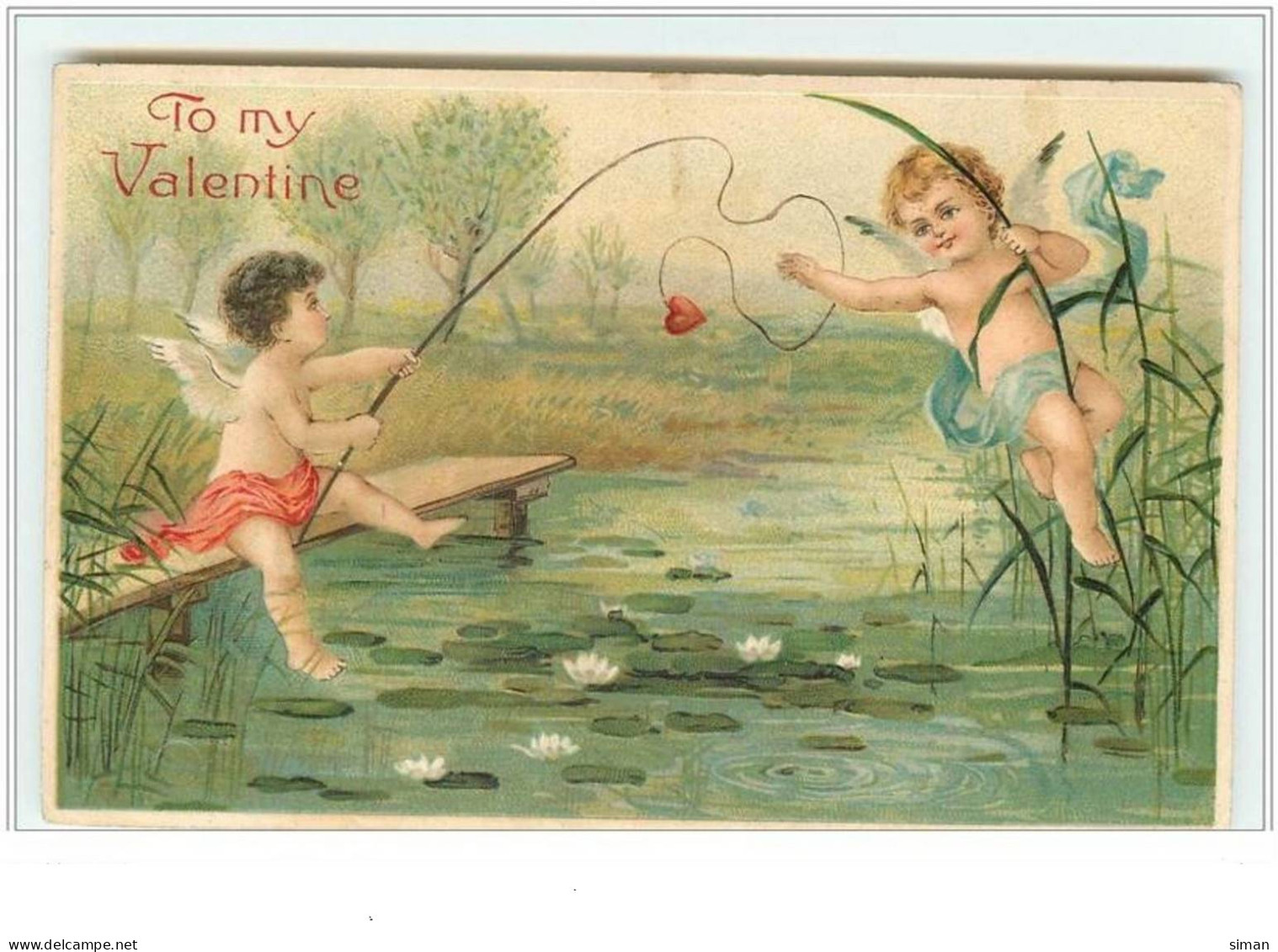 N°3619 - Carte Gaufree - To My Valentine - Angelots à La Pêche - Saint-Valentin
