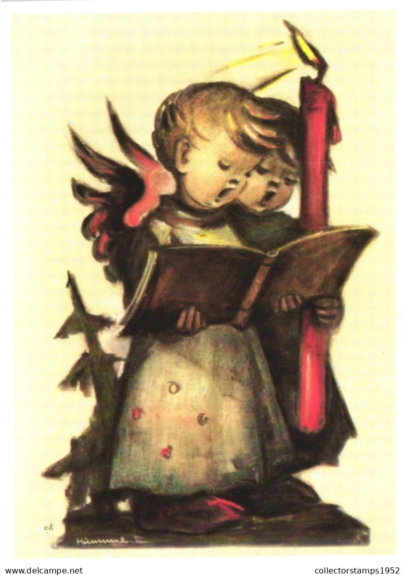 ILLUSTRATION, HUMMEL, NR. 62.1411, ANGEL DUET, CHILDREN, CANDLE, SINGING, SIGNED, POSTCARD - Hummel