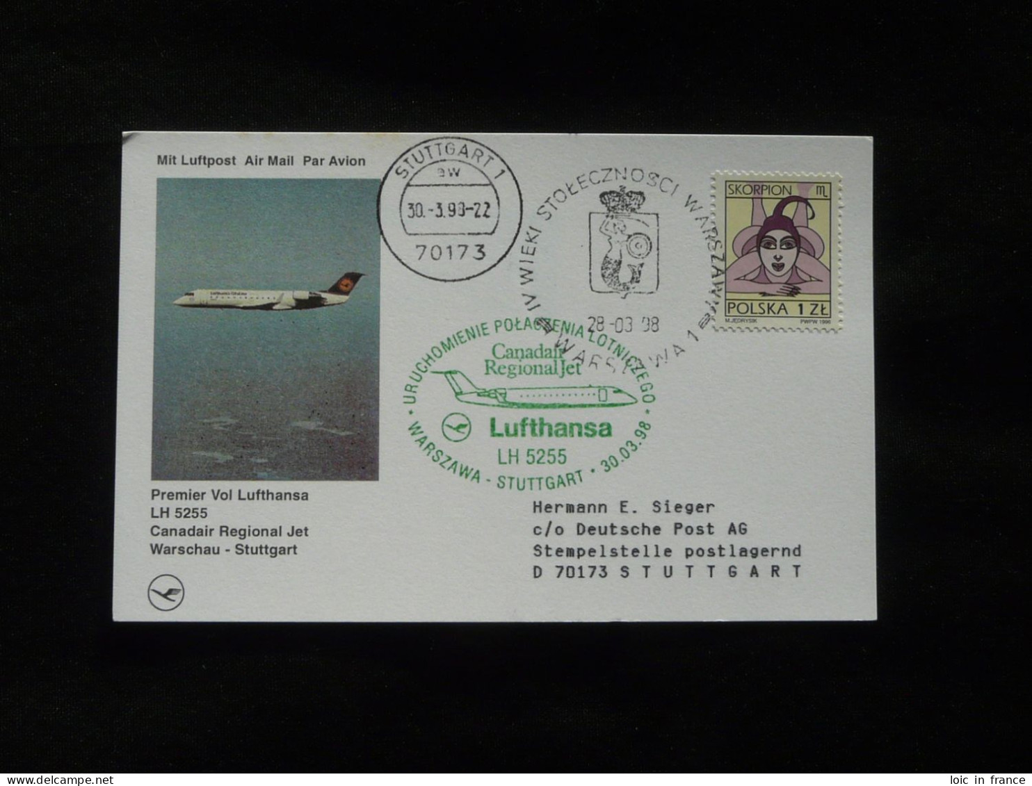 Lettre Premier Vol First Flight Cover Warsaw Poland -> Stuttgart Canadair Jet Lufthansa 1998 - Covers & Documents