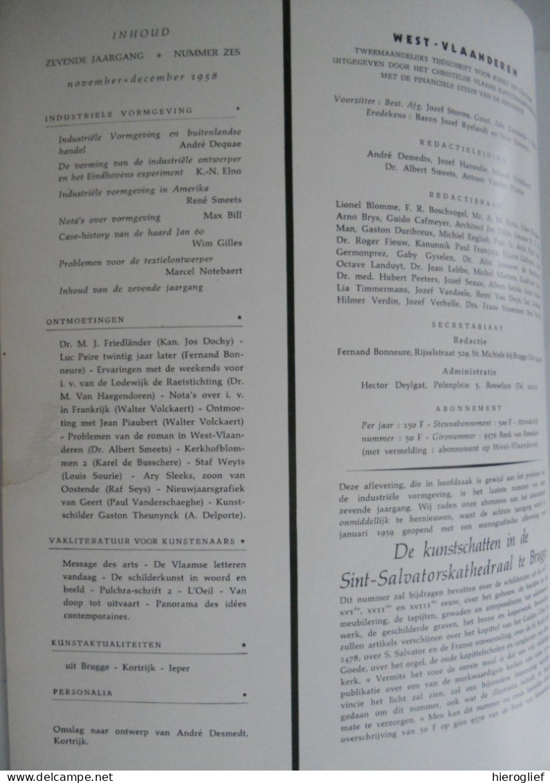 Industriële Vormgeving - Themanummer Tijdschrift WEST-VLAANDEREN 1958 Nr 6 Opleiding / Experiment Eindhoven / Amerika - Storia