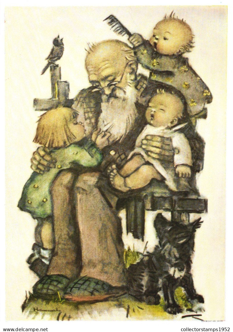 ILLUSTRATION, HUMMEL, NR. 14287, CHILDREN WITH GRANDPA, DOG, SIGNED, POSTCARD - Hummel