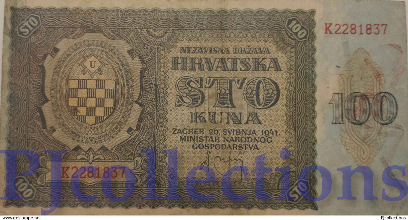 CROATIA 100 KUNA 1941 PICK 2a VF - Croatia
