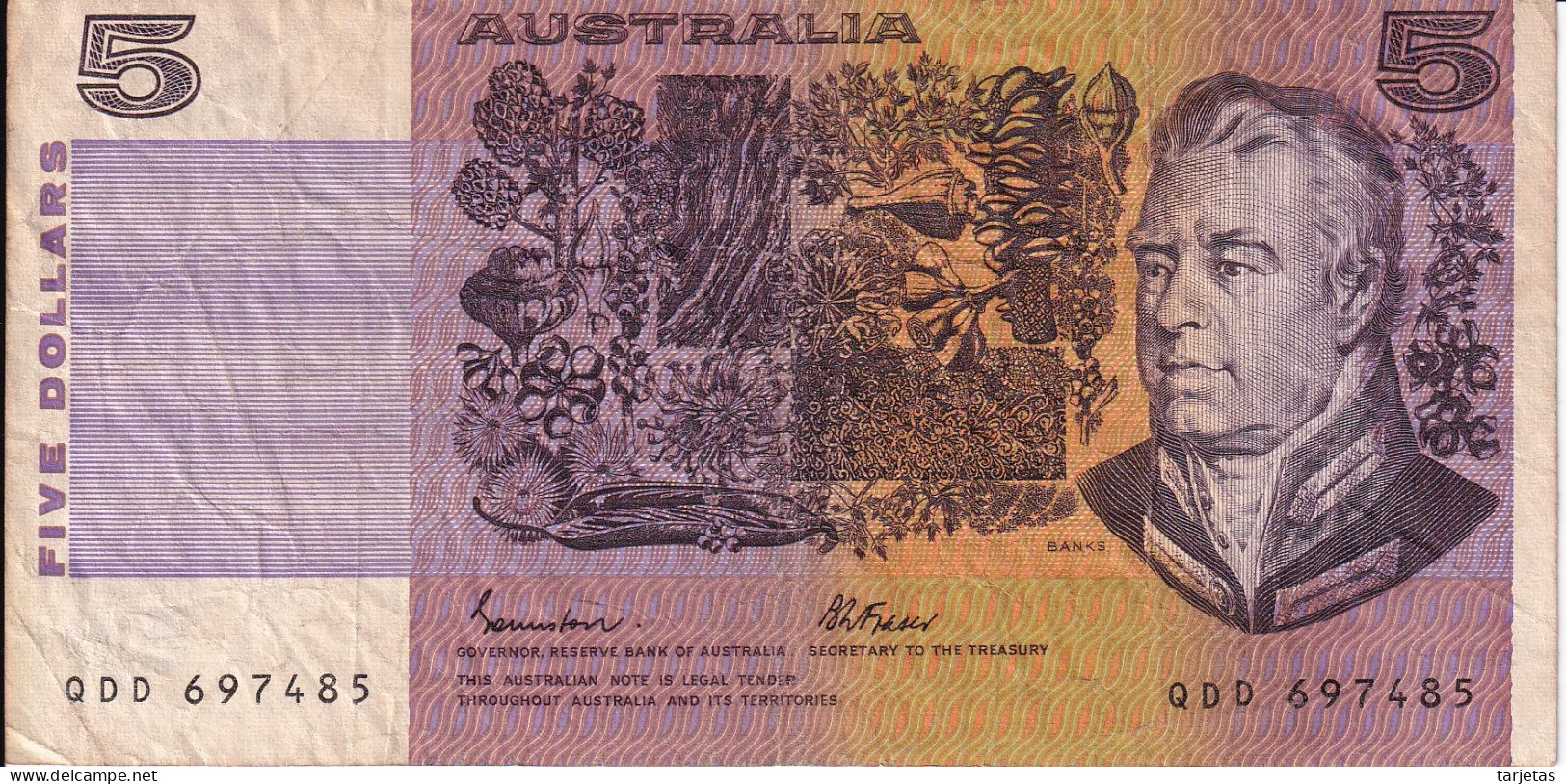 BILLETE DE AUSTRALIA DE 5 DOLLARS DEL AÑO 1985 SERIE QDD  (BANKNOTE) - 1974-94 Australia Reserve Bank (papier)